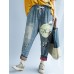 Women Patchwork Cartoon Loose Elastic Waist Denim Jeans