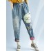 Women Patchwork Cartoon Loose Elastic Waist Denim Jeans