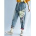 Women Patchwork Cartoon Loose Elastic Waist Denim Jeans