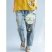 Women Patchwork Cartoon Loose Elastic Waist Denim Jeans