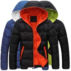 Mens Winter Thermal Contrast Color Outdoor Warm Hooded Padded Jacket