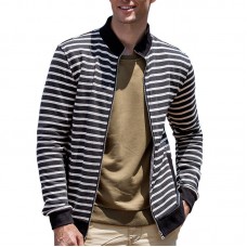 Mens Striped Printing Autumn Stand Collar Jacket Cotton Zipper Sweaters
