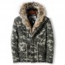 Mens Camo Printing Thick Faux Fur Collar Winter Jacket Casual Coat
