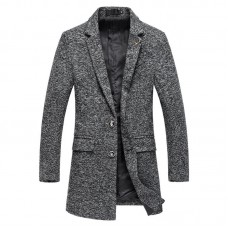 Mens Mid Long Solid Color Single Breasted Slim Fit Casual Business Woollen Trench Coat