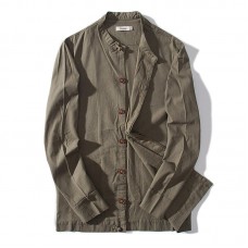 Vintage Chinese Style Linen Cotton Band Collar Casual Autumn Coats for Men