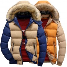 Mens Thick Warm Coat Color Splicing Detachable Hooded Puffer Jacket