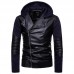 Men Zipper Hooded Pocket Decoration Leather Jacket
