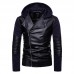 Men Zipper Hooded Pocket Decoration Leather Jacket