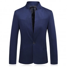 Mens Cotton Slim Fit One Button Stand Collar Solid Color Stylish Blazers Jacket
