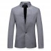 Mens Cotton Slim Fit One Button Stand Collar Solid Color Stylish Blazers Jacket