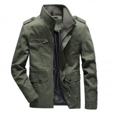 Mens Military Multi Pockets Epaulet Solid Color Cotton Cargo Work Jacket