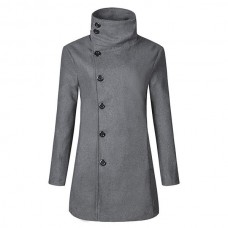 Mens Mid Long Asymmetric Placket Slim Fit Stylish Stand Collar Woolen Jackets