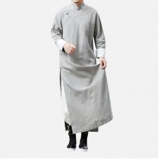 Mens Chinese Style Loose Comfy Tang Suit Stand Collar Long Retro Casual Coats
