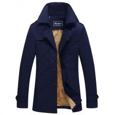 Winter Mens Mid Long Cotton Stylish Jacket Plus Velvet Thick Solid Color Single Breasted Coat