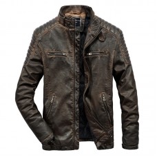 Mens Vintage Faux Leather Motorcycle Jacket Thick Warm PU Biker Jacket