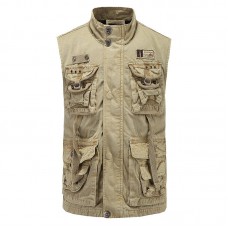 Mens Multi Pockets Cotton Stand Collar Loose Fit Casual Vest