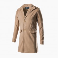 Mens Winter Khaki Mid Long Woolen Overcoat Trench Coat