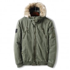 Mens Thick Warm Winter Hooded Casual Jacket Solid Color Faux Fur Collar Coat