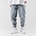 Men Denim Stitching Beam Feet Youth Harem Pants