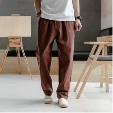 Mens Linen Pants Chinese Style Solid Color Simple Casual Trousers