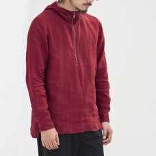 Mens Cotton Loose Hooded Tops Zipper Long Sleeve Solid Color T-Shirts