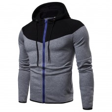 Men's Fashion Zipper Fly Color Block Drawstring Hooded Long Sleeve Casual Sweatshirt