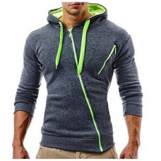 Men's Fashion Fit Diagonal Zipper Design Pure Color Hooded Long Sleeve Sweatshirt