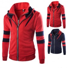 Mens Casual Double Zipper Thick Hoodies Fashion Spell Color Autumn Winter Sweatshirt