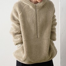 Men's Vintage Long Sleeve Wool Hoodies Half Zipper Thick Warm Solid Color Casual Sweatshirts