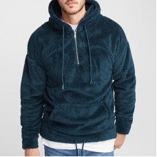 Men's Fashion Half Zipper Thick Warm Hoodies Shearling Long Sleeve Overhead Sweatshirts