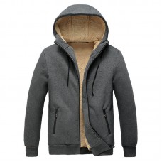 Mens Thicken Fleece Warm Solid Color Zip up Drawstring Hoodies Sweatshirts