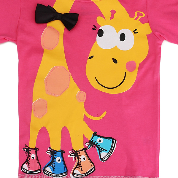 2015 New Summer Baby Girl Children Giraffe Rose Red Cotton Short Sleeve T-shirt Tee