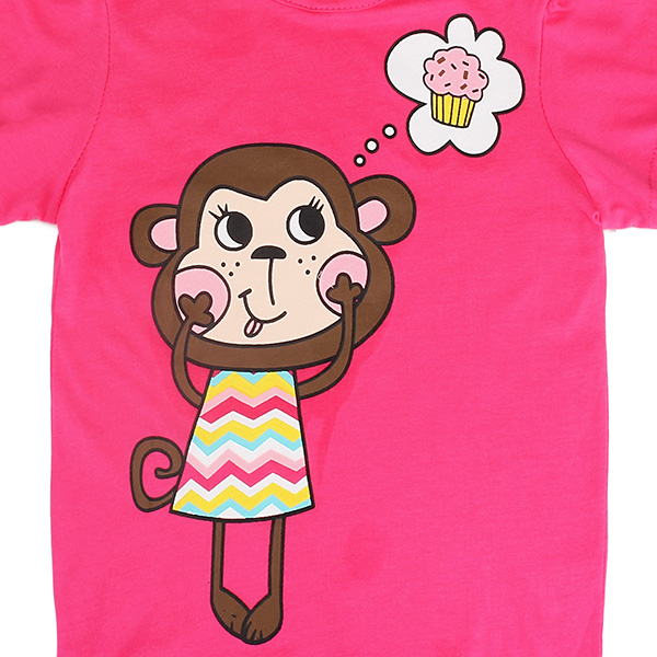 2015 New Summer Baby Girl Children Monkey Rose Red Cotton Short Sleeve T-shirt