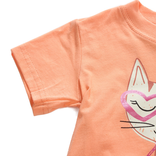 2015 New Little Maven Baby Girl Children Cat Orange Cotton Short Sleeve T-shirt