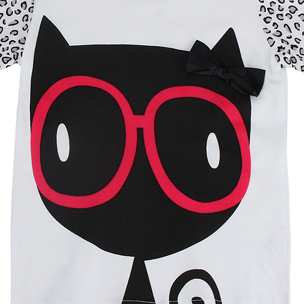 2015 New Summer Baby Girl Children Glasses Cat White Cotton Short Sleeve T-shirt