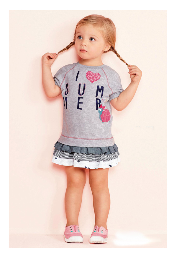 2015 New Little Maven Baby Girl Children I LOVE Summer Dress Grey Cotton Top&Lace Skirt