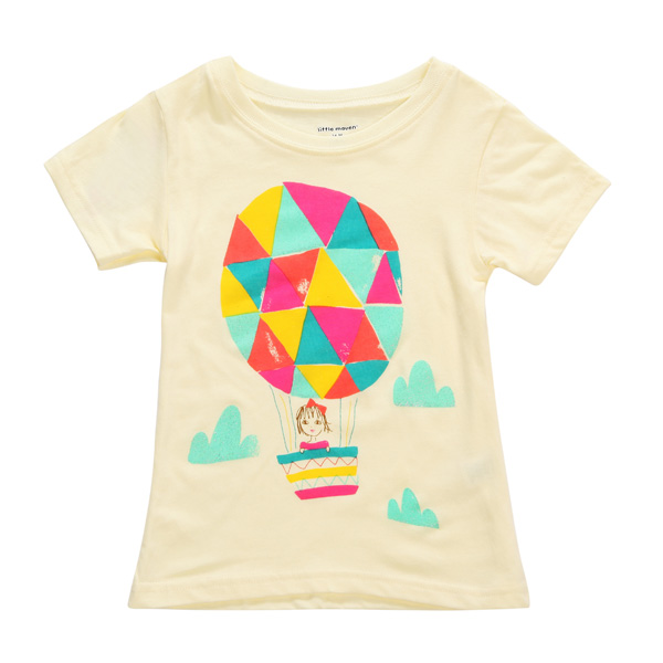 2015 New Little Maven Baby Girl Children Air Balloon Yellow Cotton Short Sleeve T-shirt