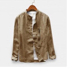 Mens Cotton Vintage Loose Breathable Comfy Solid Color Long Sleeve Casual Shirts