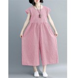 Women Short Sleeve O-neck Wide Leg Pant Loose Casual Plaid Jumpsuit
